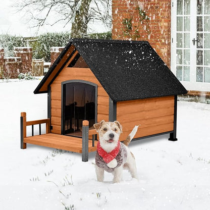 Outdoor Dog House with All-Around Insulated Liner Weatherproof Puppy Shelter Indoor Dog Kennel, Anti-Bite Dog Home for Large Breed with Porch (Brown (Liner), Medium)