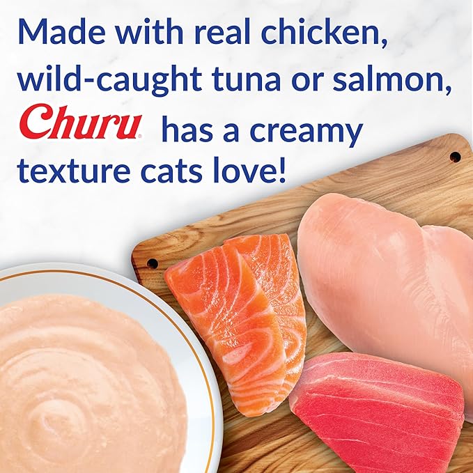 INABA Churu Cat Treats, Lickable, Squeezable Creamy Purée Cat Treat with Green Tea Extract & Taurine, 0.5oz. Each Tube, 20 Tubes, Chicken & Seafood Variety