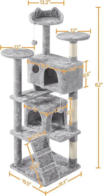 Yaheetech Multi-Level Cat Tree Cat Tower for Indoor Cats Cat Condo Furniture with Sisal Scratching Post, 61in, Light Gray