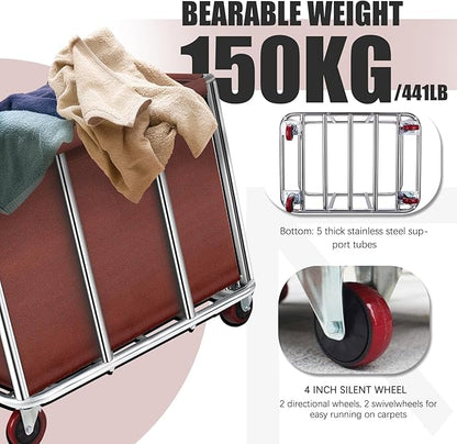 Commercial Laundry Cart with Wheels, 11.35 Bushel Large Laundry Tumbler with Removable Waterproof Canvas Lined Basket, Heavy Duty Stainless Steel Laundry Basket for Hotels and Hospitals