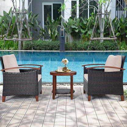 Tangkula 3 Pieces Patio Rattan Furniture Set, Outdoor Wicker Sofa Set w/Washable Cushion and Acacia Wood Tabletop, High Load Bearing Chair with Coffee Table, Conversation Furniture (Turquoise & Beige)
