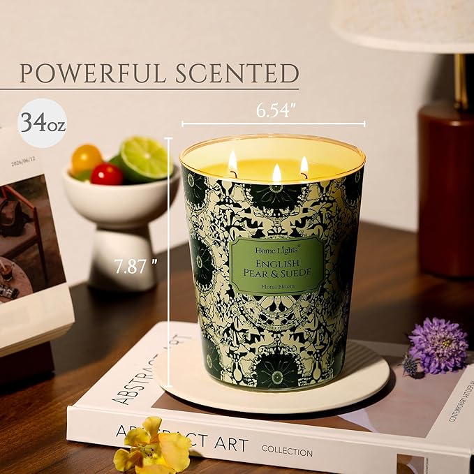 HomeLights Soy Wax Candles for Home Scented, 3-Wick Candles in English Pear & Suede Scented, Bohemian Natural Textures Aromatherapy Candles Gift for Parties, Relaxing, 34oz