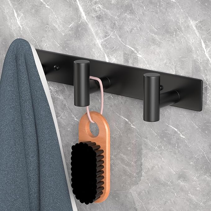 PMMASTO Coat Rack Wall Mounted, 3 "T Shaped Wall Hooks for Hanging, Heavy Duty Stainless Steel Coat Hook Rail for Hat Towel Robes in Bathroom Kitchen Mudroom Entryway (Black, 2PC)