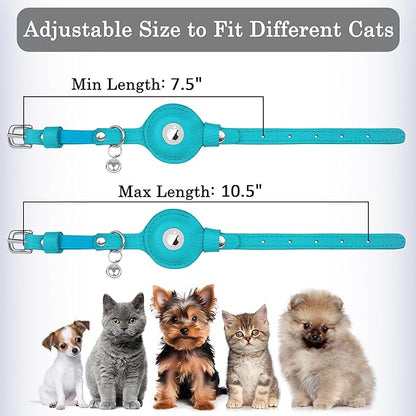 OOPSDOGGY Cat Collar for AirTag Holder, Leather Kitten Collars with Elastic Strap & Bell, Non Breakaway Adjustable Small Pet Collars for Indoor & Outdoor for Boy, Girl (Light Blue)