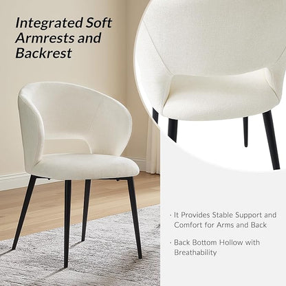 Contemporary Dining Chairs with Armrests – Ergonomic Soft-Padded Seat, Curved Backrest, Matte Black Metal Legs, Comfortable Kitchen & Dining Room Chairs, Set of 2