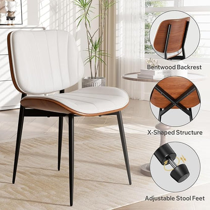 Dining Chairs Set of 4, Mid Century Modern, Upholstered Faux Leather, Walnut Bentwood Back, Metal Legs, White