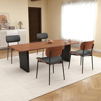 Mid Century Modern Dining Chairs Set of 2,Upholstered Faux Leather Kitchen Chairs with Walnut Bentwood Back and Metal Legs for Kitchen Dining Room Living Room, Black