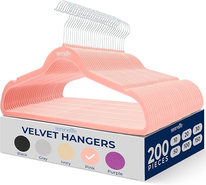 SereneLife 200 Pack Velvet Hangers - Non-Slip Felt Hangers with 360° Swivel Hook, Space-Saving, Ultra-Thin, Lightweight for Shirts, Sweaters, Hoodies, Kids Clothes & Dresses