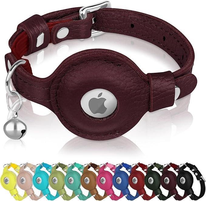 OOPSDOGGY Cat Collar for AirTag Holder, Leather Kitten Collars with Elastic Strap & Bell, Non Breakaway Adjustable Small Pet Collars for Indoor & Outdoor for Boy, Girl (Burgundy)