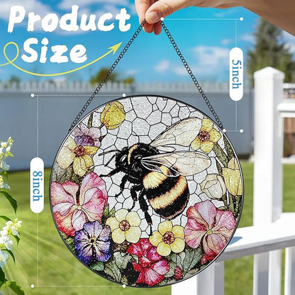 Stained Glass Window Hanging, 8 Inch Bee Stained Glass Ornament, Suncatchers for Windows Hanging, Window Decor, Gift for Garden Lover, Teacher Gift, Holiday, Birthday Gifts for Women Mom and Grandma
