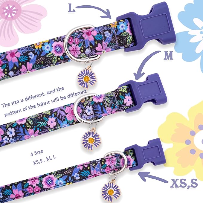Faygarsle Cotton Dog Collar Cute Dog Collars for Small Medium Large Dogs Purple Floral Colored Options Soft and Fancy Pet Collars for Girls Flower Pattern for Girl Dog Collar M