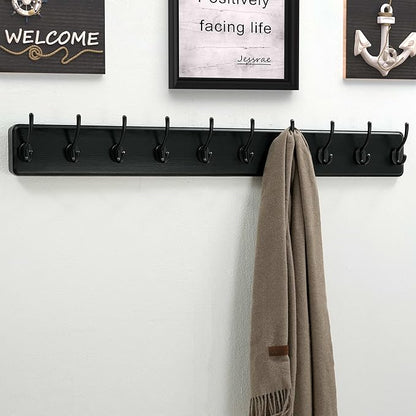 Dseap Coat Rack Wall: 38-1/4" Long, Patented, Heavy-Duty, 10-Double-Hooks Wooden Wall Mounted Coat Rack Coat Hanger Hook Rail for Winter Coats Hat Jacket Clothing, Black
