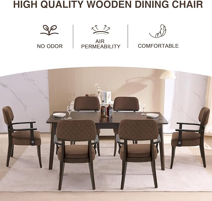 Modern Wood Dining Chairs with Arms Set of 4, Velvet Upholstered Kitchen Chairs with Open Curved Backrest & Black Hardwood Legs, Accent Chairs 350 LBS Capacity, Brown
