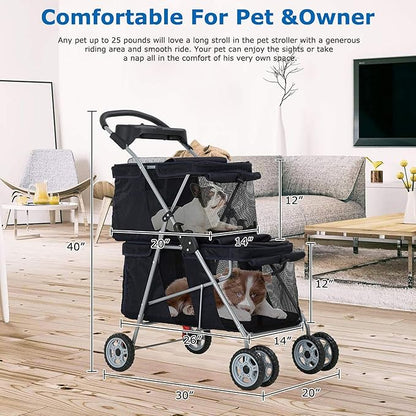 Double Layer Dog Strollers for 2 Small Dogs, 4 Wheels Pet Stroller for Cats/Dogs, Folding Double Decker Jogger Stroller with Removable Liner/Storage Basket/Rear Wheel Break