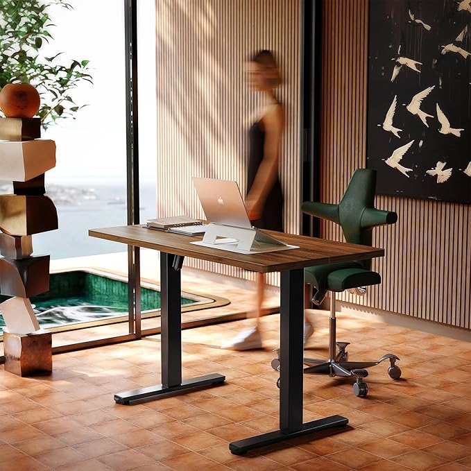 HUANUO 48" x 24" Electric Standing Desk Adjustable Height, 4 Memory Height Settings, Headphone Hook, Cable Manager, Sit Stand Up Desk for Home Office & Computer Workstation, Walnut