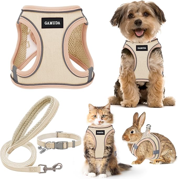 GAMUDA Small Pet Harness Collar and Leash Set, Step in No Chock No Pull Linen Fabric Soft Mesh Dog Vest Harnesses Reflective for Dogs Puppy Cats Kitten Rabbit (Khaki, M)