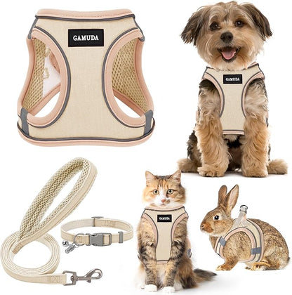 GAMUDA Small Pet Harness Collar and Leash Set, Step in No Chock No Pull Linen Fabric Soft Mesh Dog Vest Harnesses Reflective for Dogs Puppy Cats Kitten Rabbit (Khaki, M)