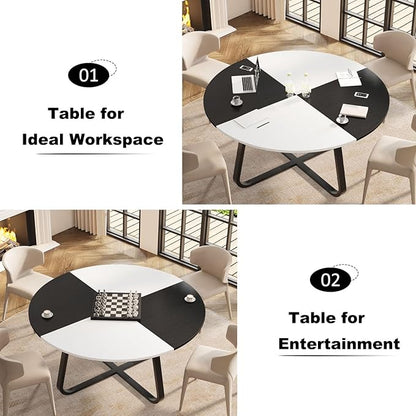 LVB Round Dining Table, Modern Wood Metal Kitchen Table, Industrial Small Dinner Room Table for 4 to 6 People, White and Black Oak, 42 Inch