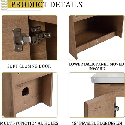Goujxcy 68 Inch Bathroom Vanity with Sink Combo Modern Floating Vanity Cabinet with Ceramic Vessel Sink and Storage Shelves, Soft Closing Door Design (Imitative Oak)