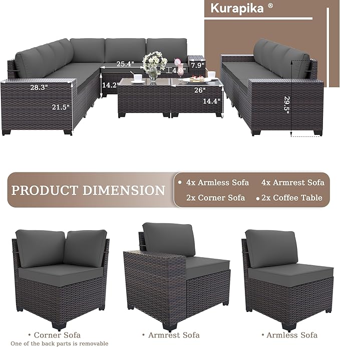 Kurapika 12 Pieces Patio Furniture Set, Rattan Wicker Outdoor Conversation Sets w/4 Inch Cushion and Glass Coffee Table(Grey)