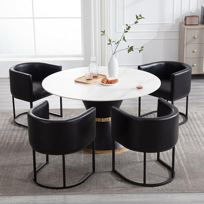 Faux Leather Dining Chairs Set of 4 Modern Barrel Arm Chairs with Black Metal Frame, Upholstered Kitchen Chairs 18.5" Wide Accent Chair for Living Room Dining Room Restaurant, Black