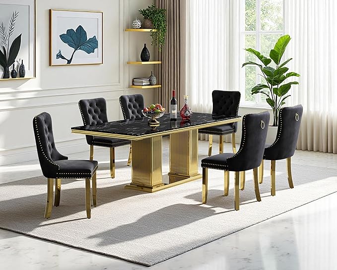 68" Faux Marble Dining Table Set for 6, 7-Piece Dining Set with Black Gold Kitchen Table and 6 Velvet Tufted Chairs, Modern Rectangular Dining Room Tables with Column-Shape Stainless Steel Base