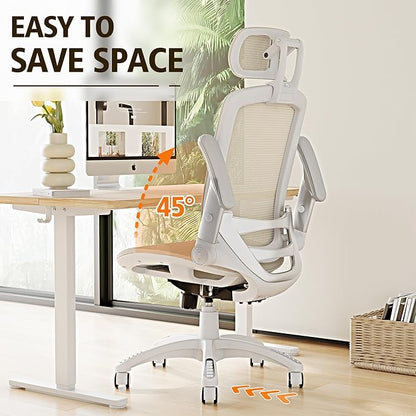 GABRYLLY Ergonomic Office Chair, High Back Home Desk Chair with Headrest, Flip-Up Arms, 90-120° Tilt Lock and Wide Cushion, 400LBS Mesh Chairs for Man Woman, White Task Chair(Beige,GY01WBG)