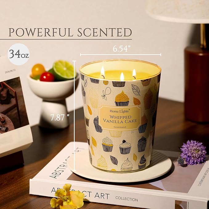 HomeLights Soy Wax Candles for Home Scented, 3-Wick Candles in Whipped Vanilla Cake Scented, Rustic Modern Aromatherapy Candles Gift for Parties, Relaxing, 34oz