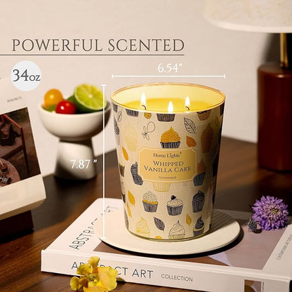 HomeLights Soy Wax Candles for Home Scented, 3-Wick Candles in Whipped Vanilla Cake Scented, Rustic Modern Aromatherapy Candles Gift for Parties, Relaxing, 34oz