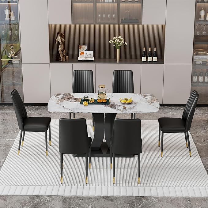 Modern Dining Table Set for 6, Marble Kitchen Table Chair Set for 6, Rectangular Kitchen Table with 6 Pu Leather Upholstered Chair for Dining Room