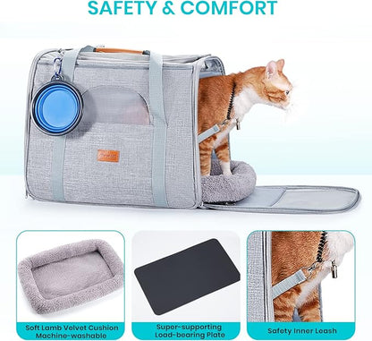 Morpilot Portable Cat Carrier - Soft Sided Cat Carrier for Medium Cats and Puppy up to 15lbs, Pet Carrier with Locking Safety Zippers, Foldable Bowl, Airline Approved Travel Dog Carrier - Light Gray