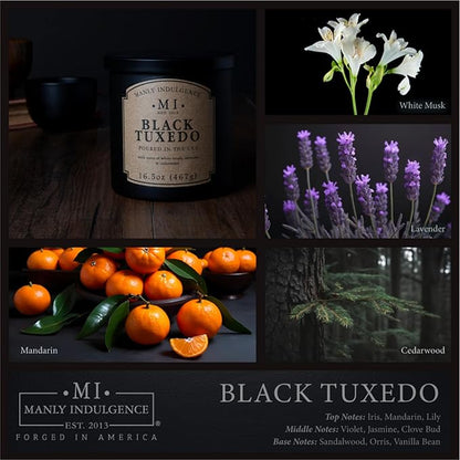Manly Indulgence Black Tuxedo Jar Candle 16.5 oz - White Musk, Lavender, Cedarwood, Jasmine & Earthy Orris - Up to 60 Hour Burn - Soy Blend Wax, USA Poured