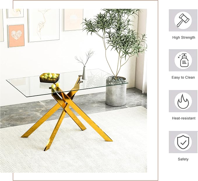 Goujxcy Glass Dining Table Set for 4, Modern Kitchen Table and Chairs Set of 4, 5-Piece Kitchen Dining Room Table Set w/51 Glass Gold Dining Table and 4 Blue Velvet Upholstered Chairs