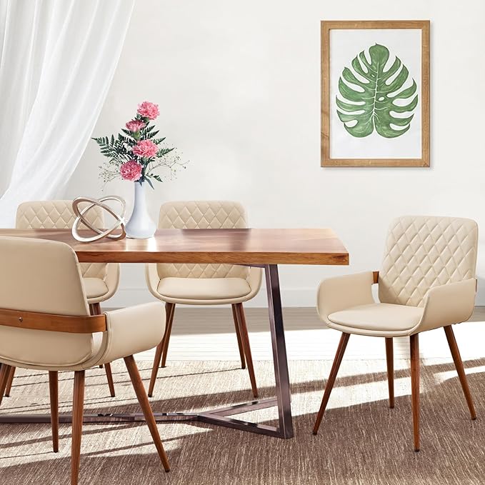 LUNLING Mid Century Modern Faux Leather Dining Room Chairs,Upholstered Seat Metal Legs Chairs Cream White Faux Leather Kitchen Chair Reception Room Chair,1PCS