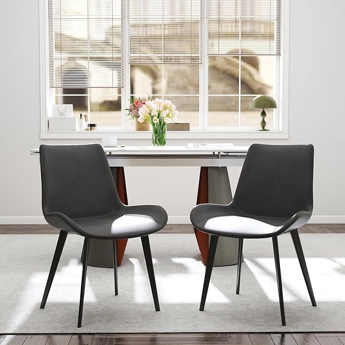 Modern Dining Chairs Set of 2, Upholstered Faux Leather Cushion Seat and Sturdy Metal Legs for Restaurant, Living Room, Brown