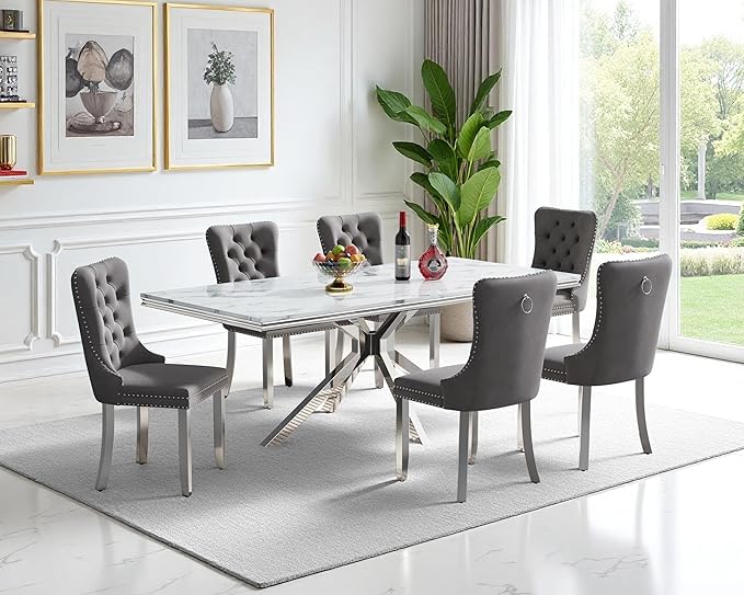 Goujxcy Luxury Dining Table Set for 6 Modern 7 Piece Faux Marble Dining Table Set with 6 Tufted Upholstered Chairs, 70" Faux Marble Kitchen Table & 6 Chairs with Mirrored Stainless Steel Base