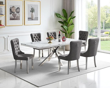 Goujxcy Luxury Dining Table Set for 6 Modern 7 Piece Faux Marble Dining Table Set with 6 Tufted Upholstered Chairs, 70" Faux Marble Kitchen Table & 6 Chairs with Mirrored Stainless Steel Base