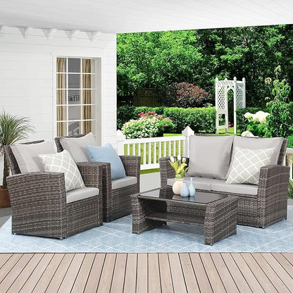 Wisteria Lane 4 Piece Patio Furniture Set, Wicker Outdoor Patio Conversation Furniture Set, All Weather Outdoor Patio Sofa with Cushion and Glass Table, Light Gray