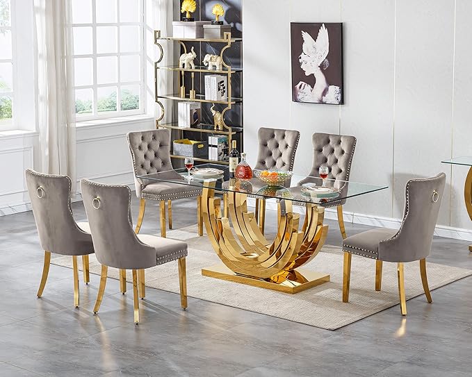 7 Piece Dining Table Set with 6 Grey Dining Chairs, Modern Glass Kitchen Table and Chairs Set for 6, 70" Rectangle Gold Glass Pedestal Dining Room Tables with Ring-Shape Stainless Steel Base