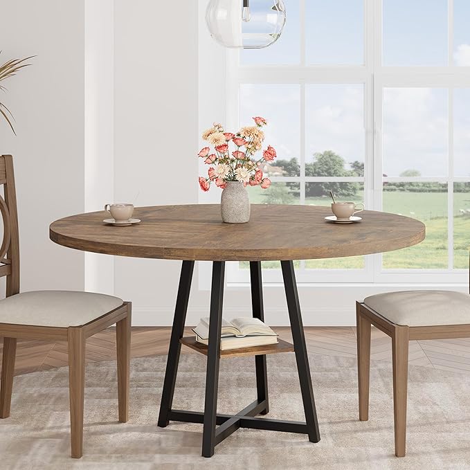 GAOMON Round Dining Table for 4-6 People, 47 Inch Brwon Dinner Room Pedestal Table with Storage Shelf, Industrial Circle Kitchen Table for Kitchen, Dining Room, Space Saving