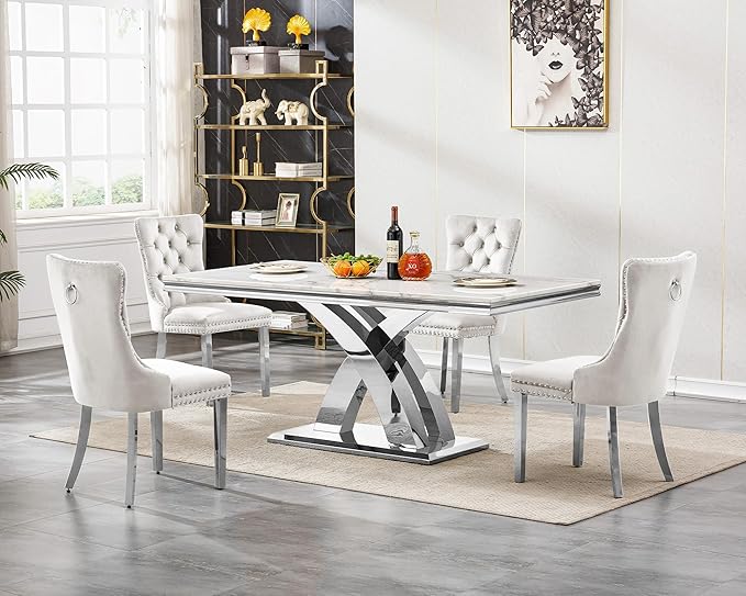 Goujxcy 5-Piece Dining Table Set Modern Faux Marble Dining Table Set for 4, Luxury 68" Long Faux Marble Kitchen Table with 4 Velvet Upholstered Chairs, Mirrored Stainless Steel Base