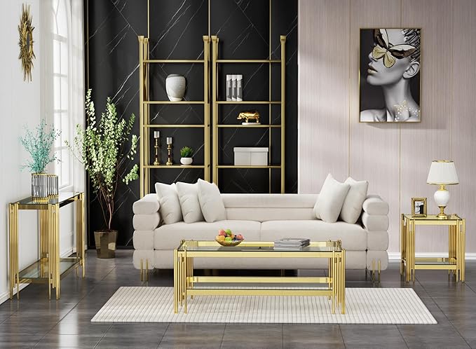 Goujxcy Modern Glass End Table - Gold Sofa Side Table With Clear Top and Mirror Finish Stainless Steel Legs, Luxury Square Coffee Bedside Table for Living Room Bedroom (Gold)