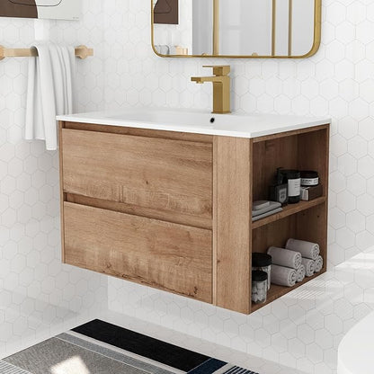 Goujxcy 30" Wall Mounted Bathroom Vanity with Sink, Modern Floating Bathroom Cabinet with White Gel Basin and Storage Drawer/Adjustable Side Shelf, Soft-Closing Door Wood Hanging Bath Room Cabinet