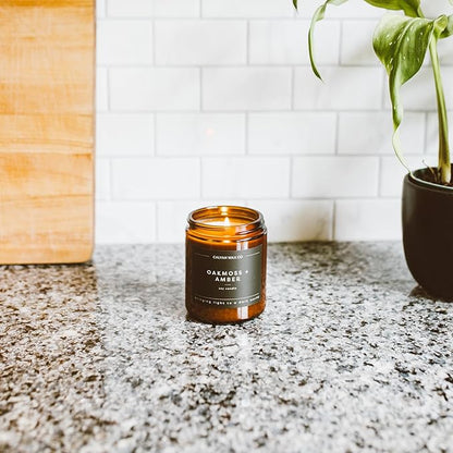 Calyan Wax Co. Oakmoss & Amber Scented Candle - 57 Hour Burn - Luxury Non Toxic Soy Wax Candles - Long Lasting Amber Glass Jar Candle for Home - 7.2oz