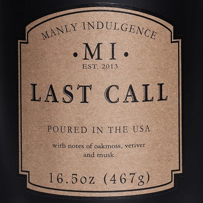 Manly Indulgence Last Call Scented Candles for Men, 16.5 oz Single Wick, Premium Soy Blend Wax, 60H Burn, Candles for Home Scented – Made in The USA