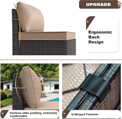 Kurapika 6 Pieces Patio Furniture Set, Rattan Wicker Outdoor Conversation Sets w/4 Inch Cushion and Glass Coffee Table(Sand)