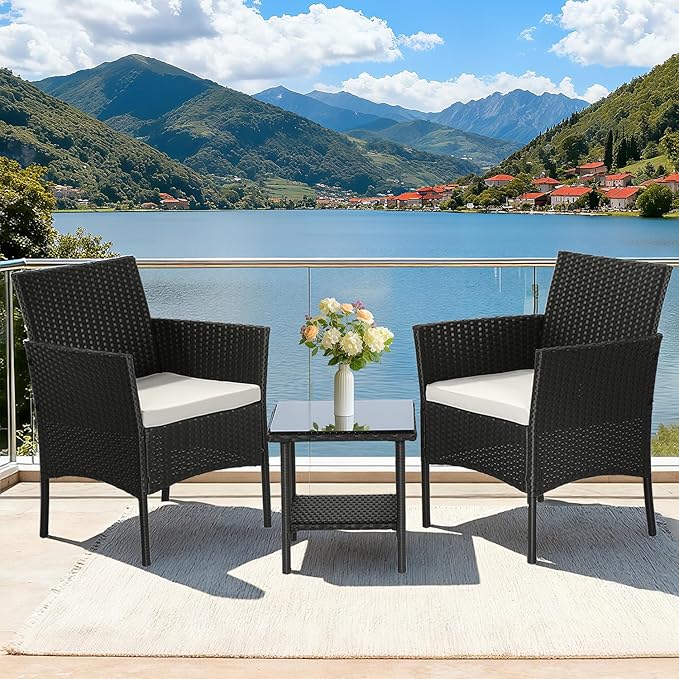 FDW Wicker Outdoor Furniture Patio Furniture Set of 3 Rattan Patio Chairs Outdoor Chairs Patio Conversation Set with Coffee Table for Yard Backyard Lawn Porch Poolside Balcony,Black