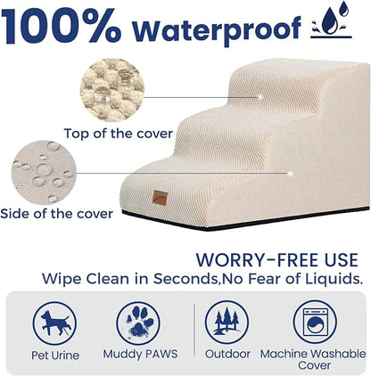 GoGoBunny Ramp Dog Stairs for Couch Sofa and Chair 15.7" H, 3-Step Pet Steps for Small Dogs and Cats, Non-Slip Waterproof Fabric Cover, Stable and Balanced Indoor Step, Pets Friendly, Beige
