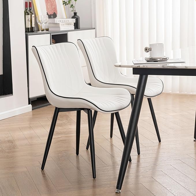 Kidol & Shellder White Dining Chairs Set of 2,Faux Leather Upholstered Mid Century Modern Kitchen&Dining Room Chair with Back,Ergonomic Armless Vanity&Living Room Chair with Metal Legs