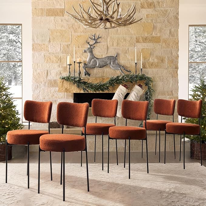 Brown Boucle Dining Chairs Set of 6, Upholstered Dinner Chair with Metal Frame, Dining Room Chairs with Padded Seat, Round Modern Seating for Living Room